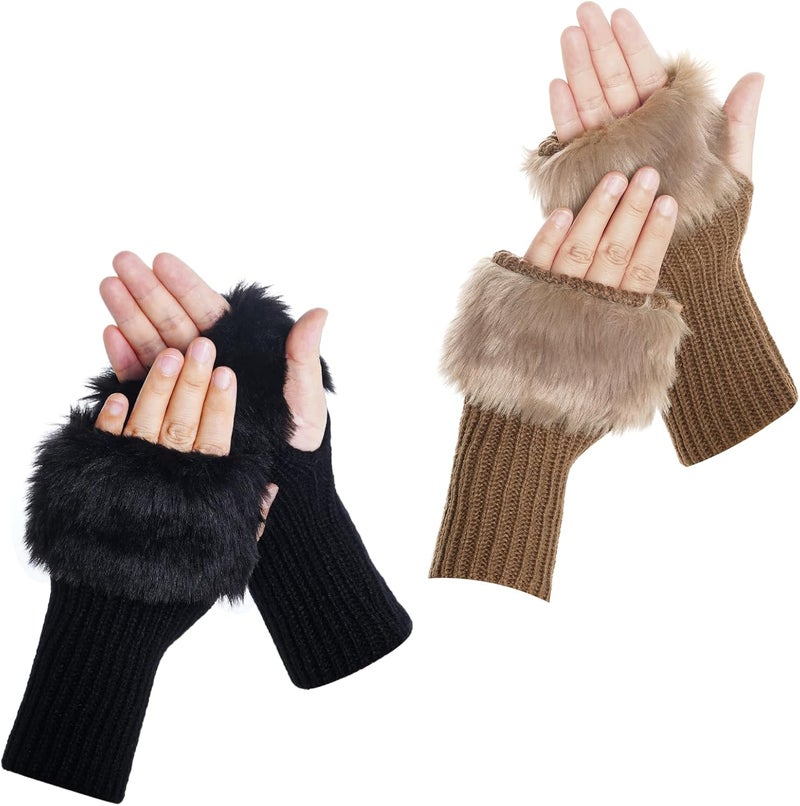 cnomg Winter Faux Fur Fingerless Gloves Faux Fur Half Finger Warmers Fingerless Gloves for Women Girls Working Writing - Image 1